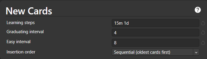 New Cards Settings